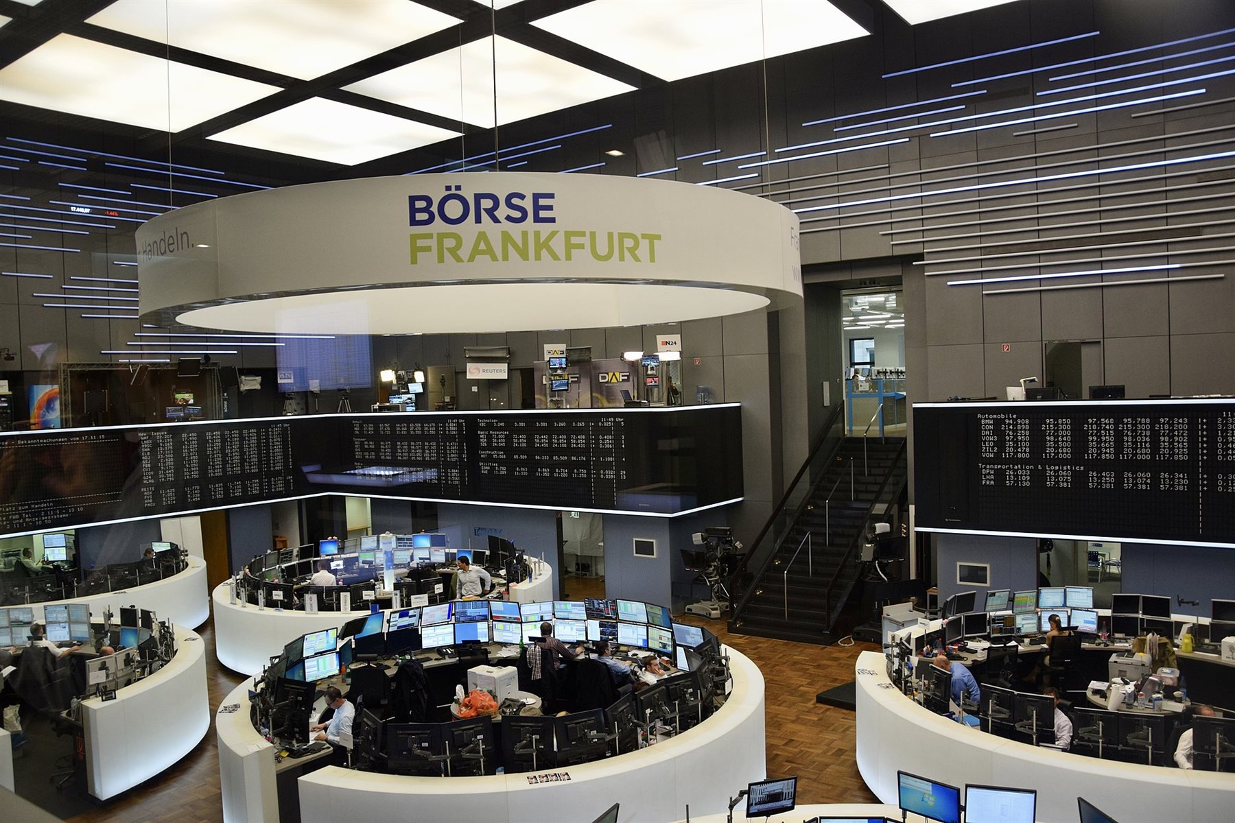 Frankfurt Stock Exchange trading floor, representing AI-native fintech and capital markets workflows.